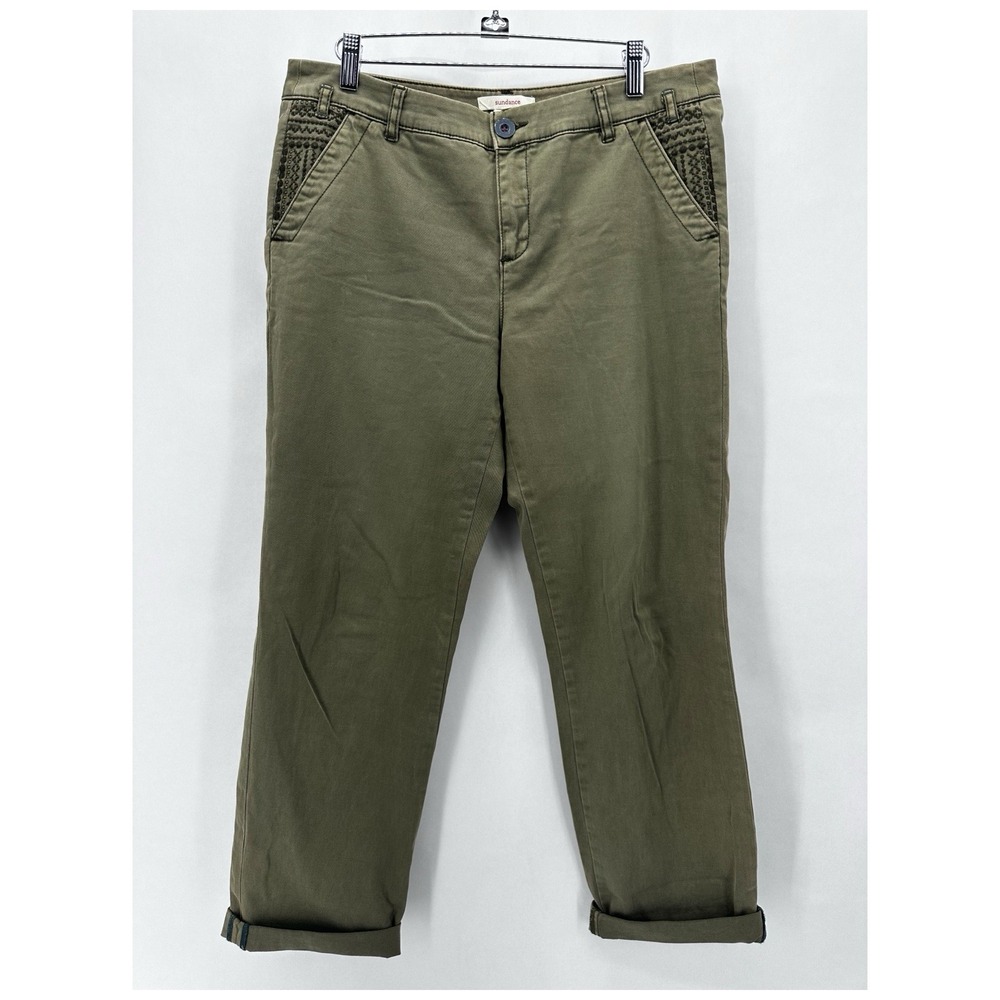Sundance Chelsea Green Embroidered Chinos Size 10 Straight Leg Coastal Casual